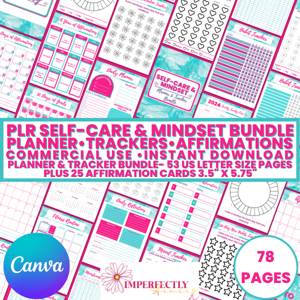 AimeeB_PLR Self-Care & Mindset Planner & Trackers Bundle + Affirmations Listing Images 600 X 600